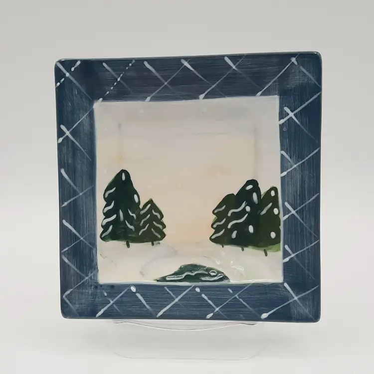 Winter Trees Small Square Plate Blue Border Elizabeth Munro for Montage by Giftcraft