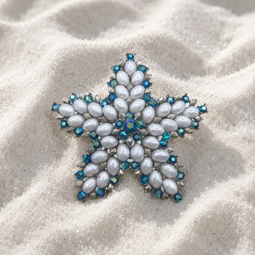 Summer - Vintage Starfish Brooch Faux Pearl & Blue AB Rhinestones