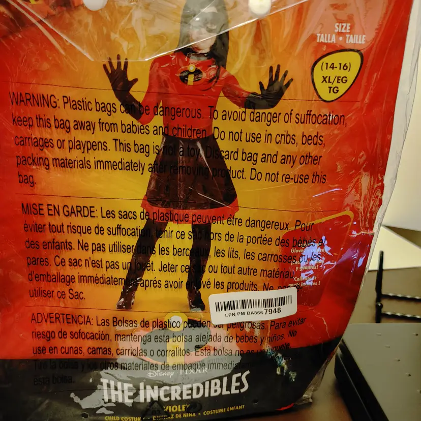 Child Costume- The Incredibles- Violet- size XL 14-16. Includes- dress, mask, tights & gloves. New in bag.