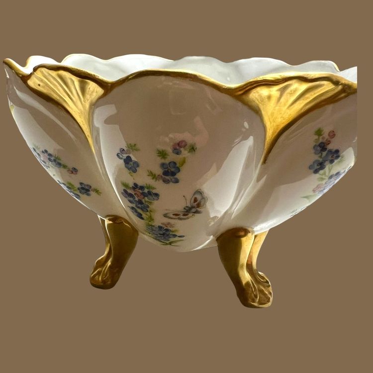 008 Vintage 1978 Ceramic Gilt Blue Flowers Butterfly 3 Feet Artist Signed 5.5" X 3.5"