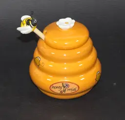 Porcelain Bee Hive Honey Pot w/Wooden Bee Dipper 3.5" Tall