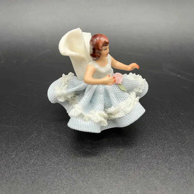 Blue Dresden Lace Porcelain Miniature Lady Germany 2” tall  x 2”