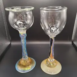 2 Votive Candle Holders Clear Glass W/Stemmed Abstract Base 7.25 in Tall