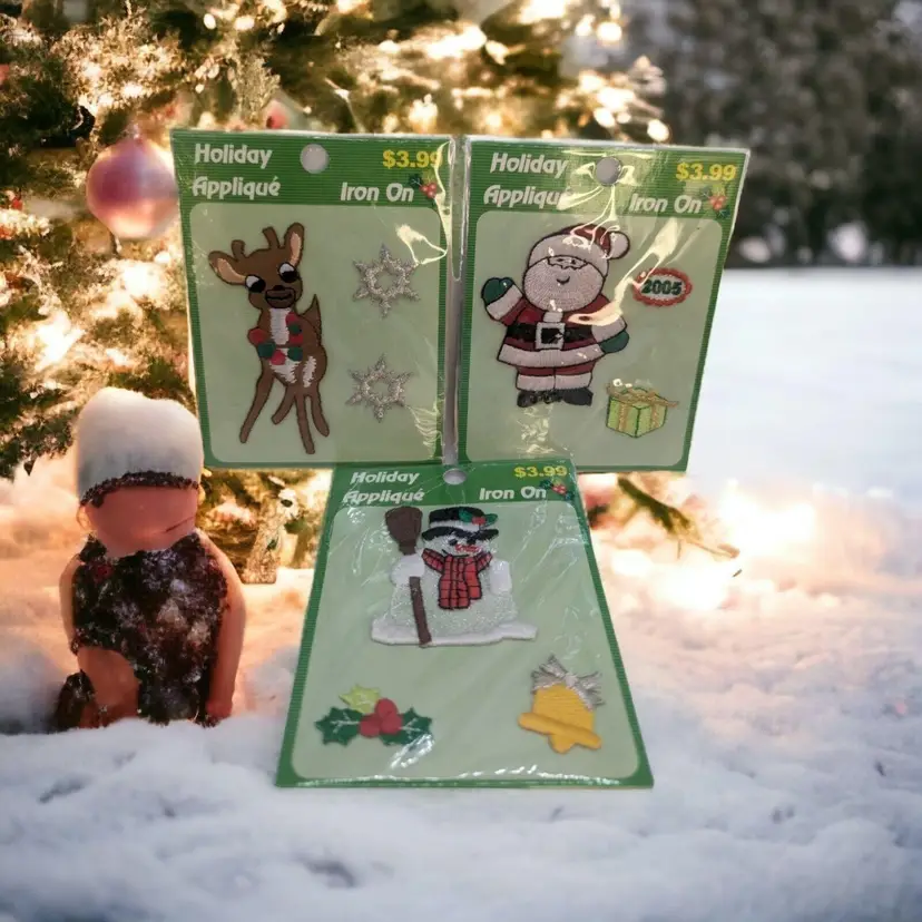 Lot of 3 VTG Iron On Holiday Appliqué Kits Christmas Santa Snowman Reindeer NOS