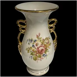 Vintage Abingdon- USA -Floral Vase – Ivory & Gold – Beautiful Double Handle – 9”