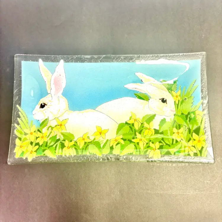 Peggy Karr Signed Fused Glass Bunnies Platter 7.5”x13.5”