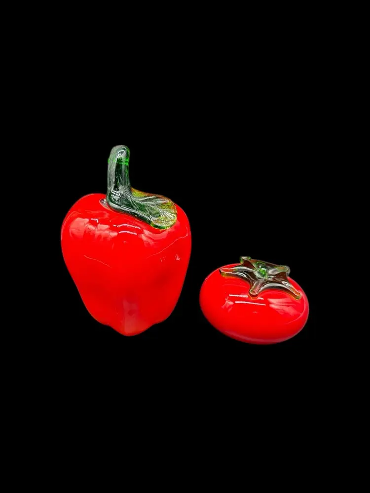 Art Glass Red Vegetables Pepper and Tomato Set of 2 Vintage Food Display Decor