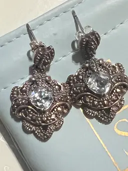 NATURAL Blue Topaz And Marcasite Sterling Silver Ornate Dangle Drop Pierced Earrings, Made By Ross & Simons With Original Box.