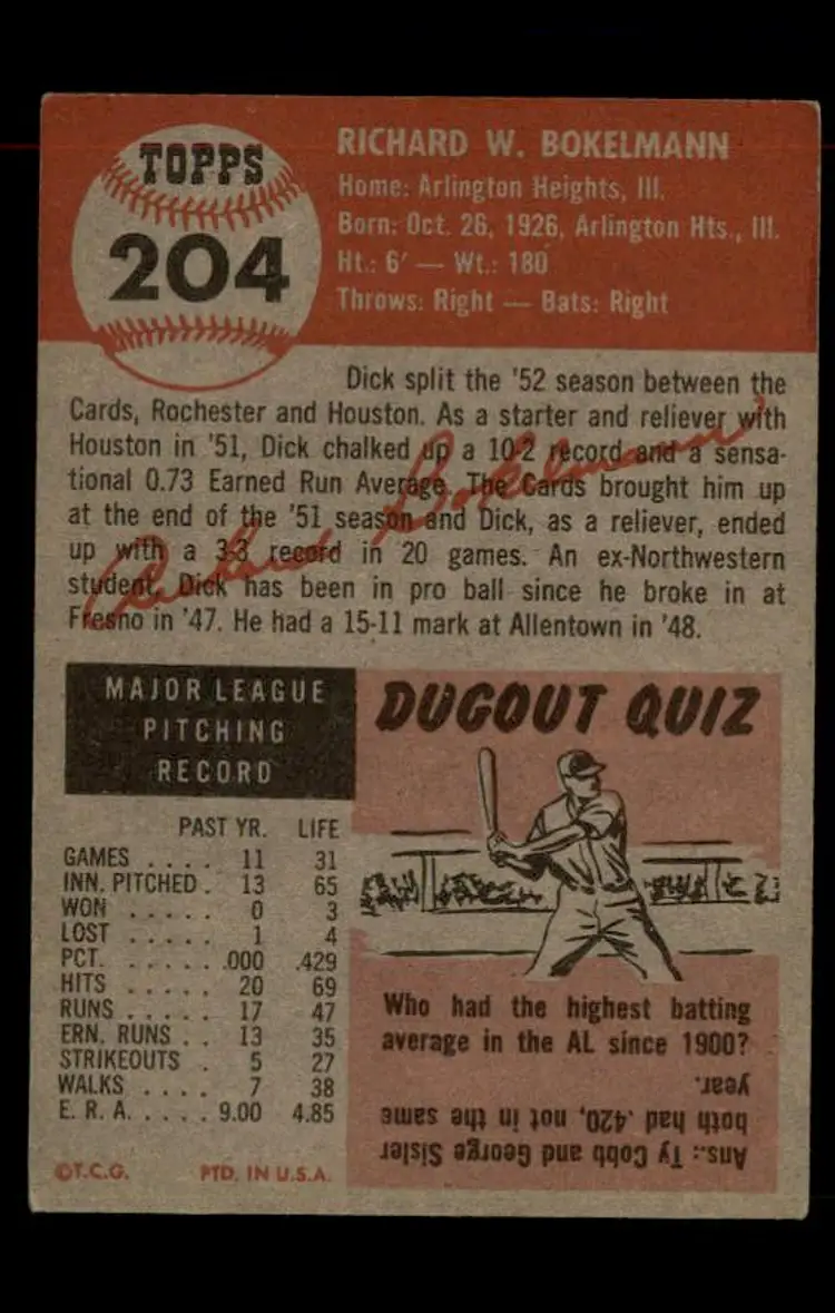 1953 Topps #204 Dick Bokelmann - (pk-tl1) - St. Louis Cardinals