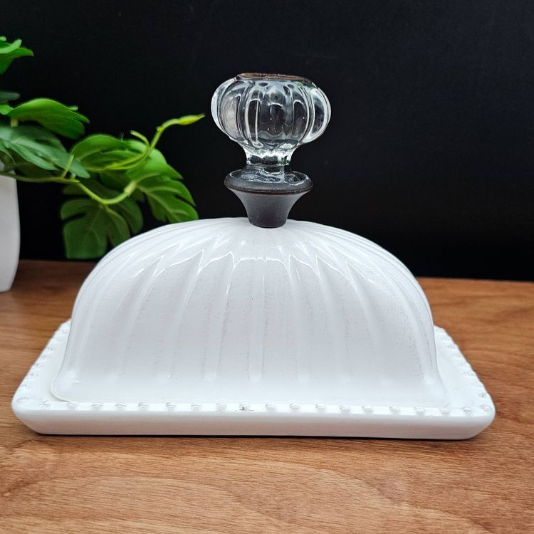 Mud Pie Fancy Door Knob Handle Lidded Butter Dish Creamy White Ceramic