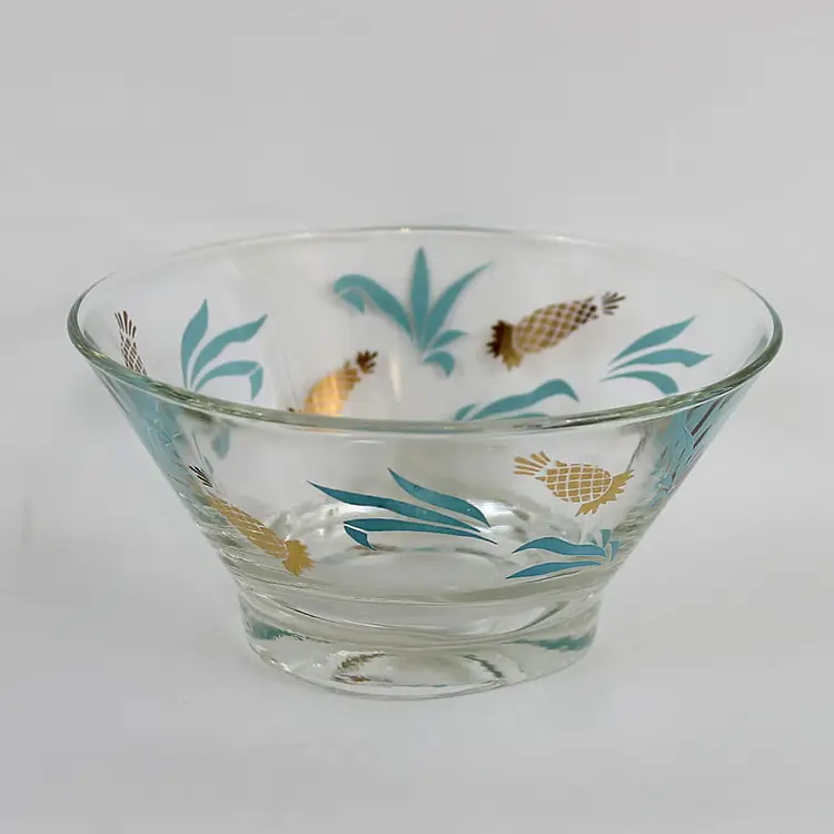 Vintage 1950s Turquoise and Gold Pineapple Adorned Clear Glass Bowls (B)
