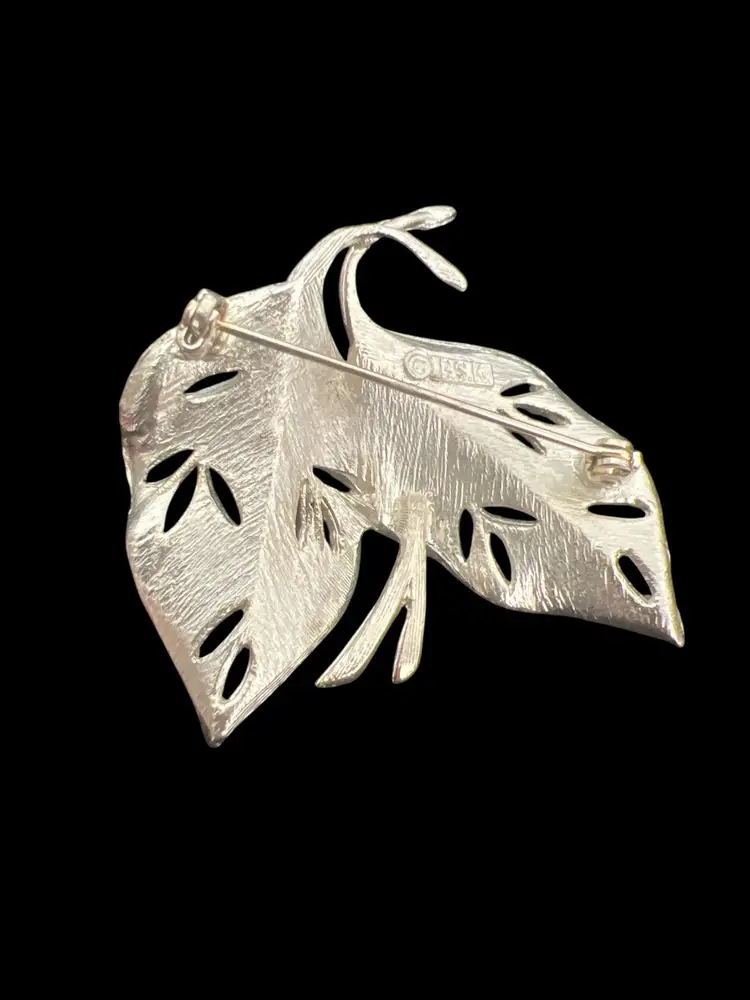 Vintage BSK Double Leaves Cut Silver tone 1950’s Brooch #ofc-2