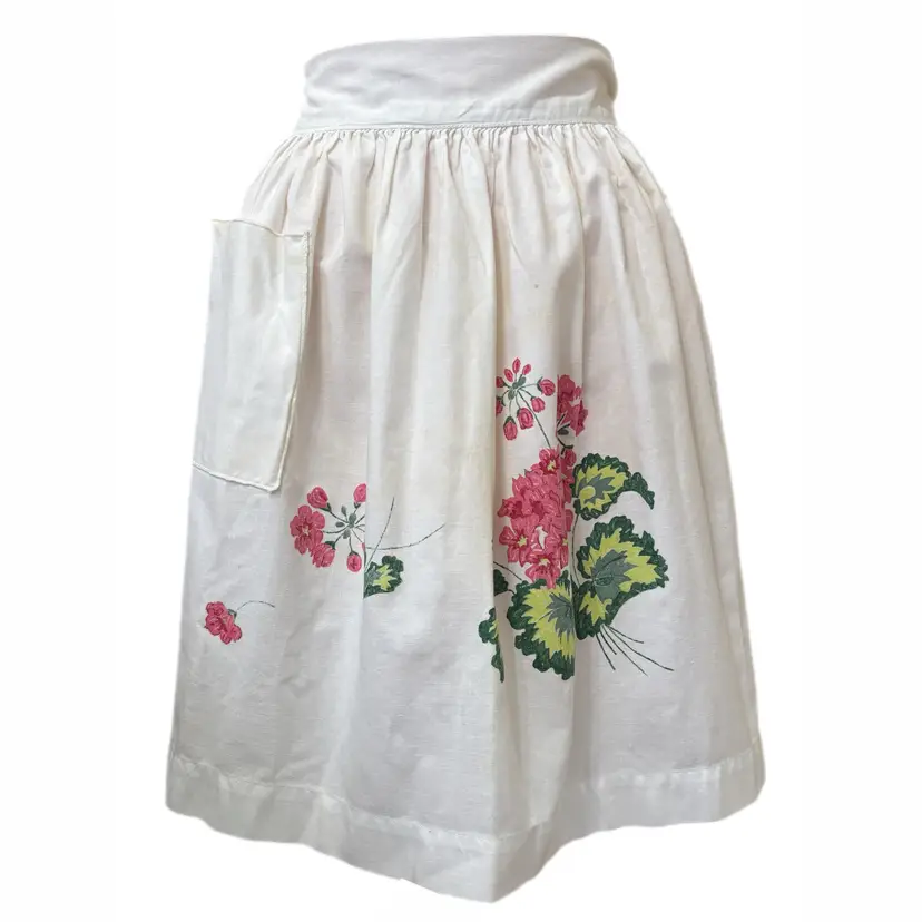 Hand Painted Geranium Half Apron Vtg Cottage Core Granny Floral Hostess