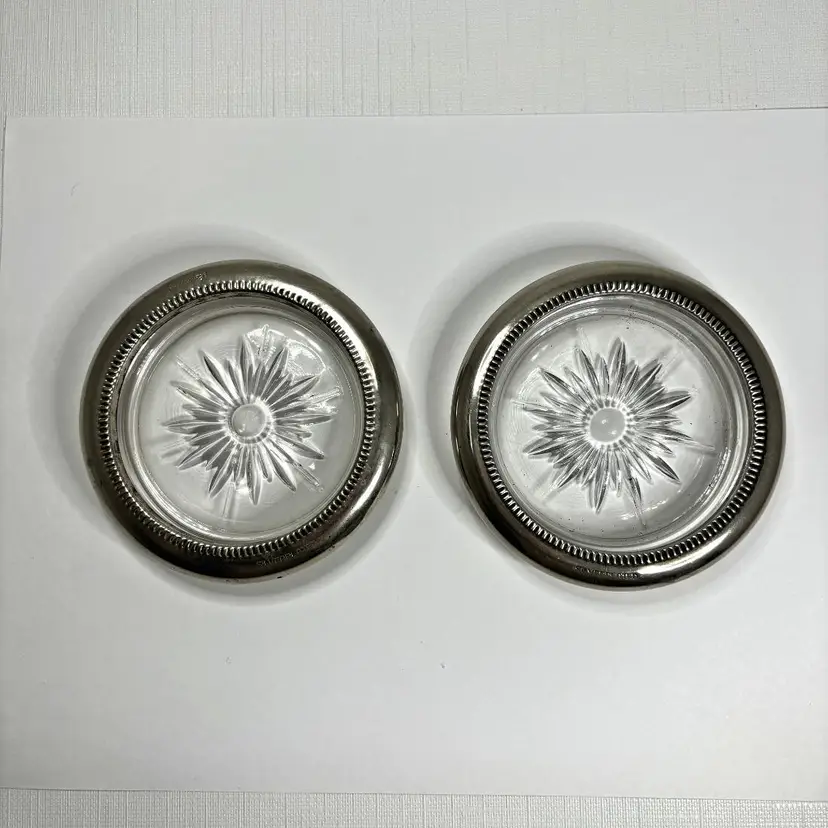 Leonard Silverplate Crystal Starburst Coasters Signed Set 2 Vintage Mid Century