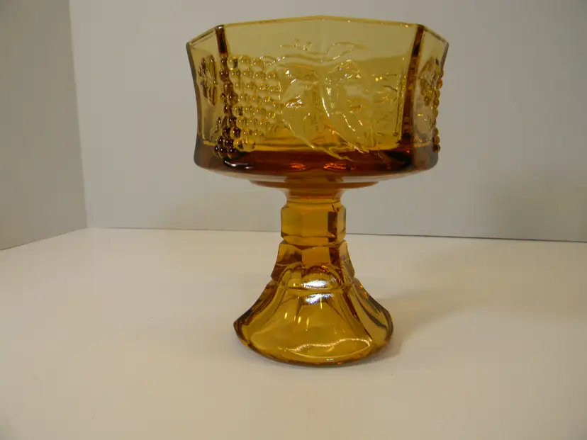 Amber Glass Pedestal Compote Dish with Grapes & Leaves ( 5 1/2 "H X 4 1/2" W)