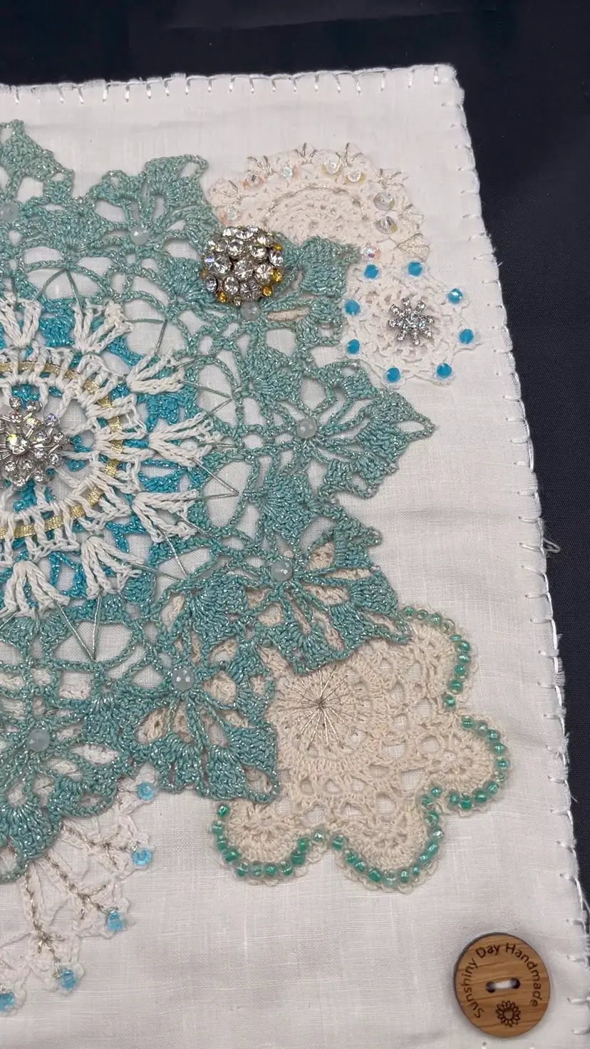 Made By Me “Let It Snow” Vintage Doily Collage Hand Embroidered With Swarovski Chrystal And Glass Beads And Vintage Rhinestone Buttons 12”x12”