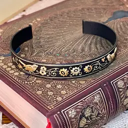 Vintage Damascene Metal Cuff Bracelet Floral Birds