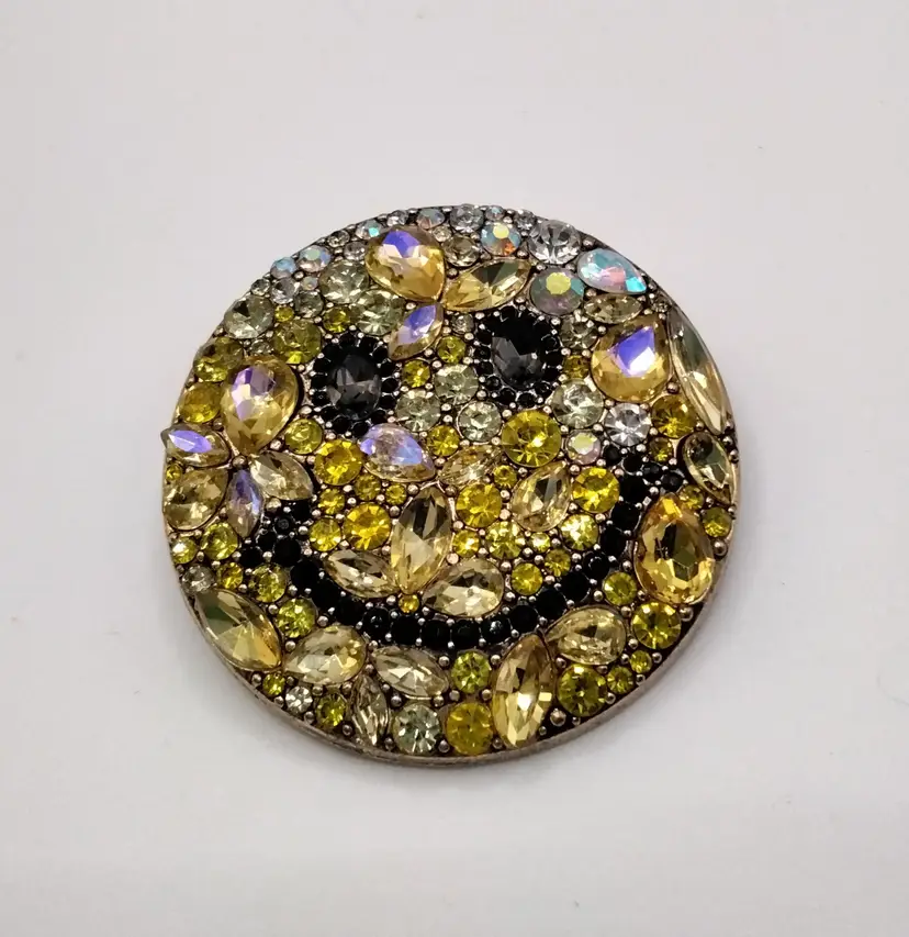 Emoji Brooch/Pin Smiley Face Gold Plated w/Yellow Rhinestones