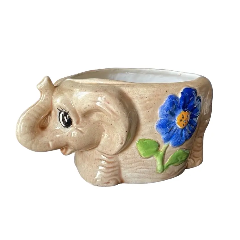 Handmade Ceramic Planter Elephant Lucky Trunk Up Blue Flower Home Decor