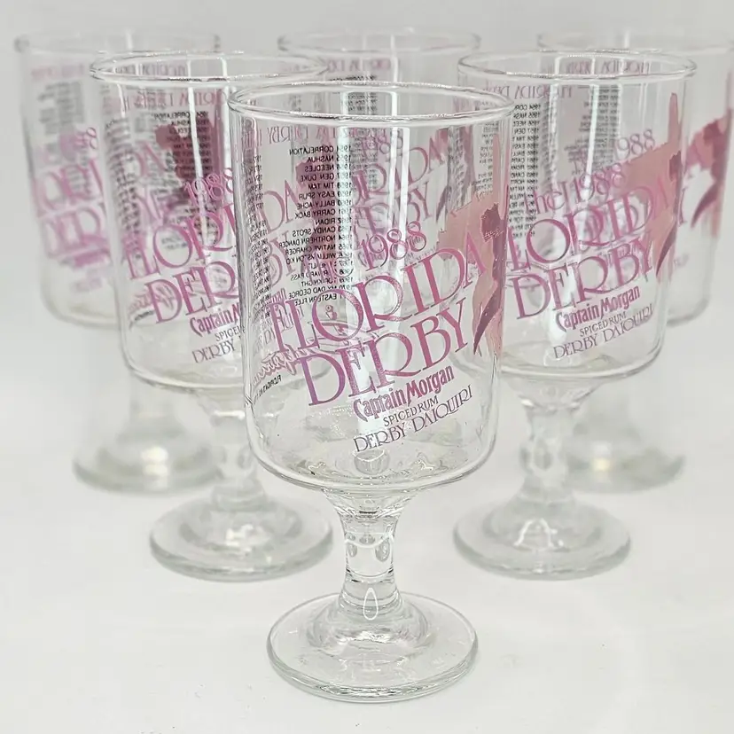 #12 Set Of 6 VINTAGE FLORIDA 1988 DERBY PEDESTAL GLASS - CAPTAIN MORGAN RUM