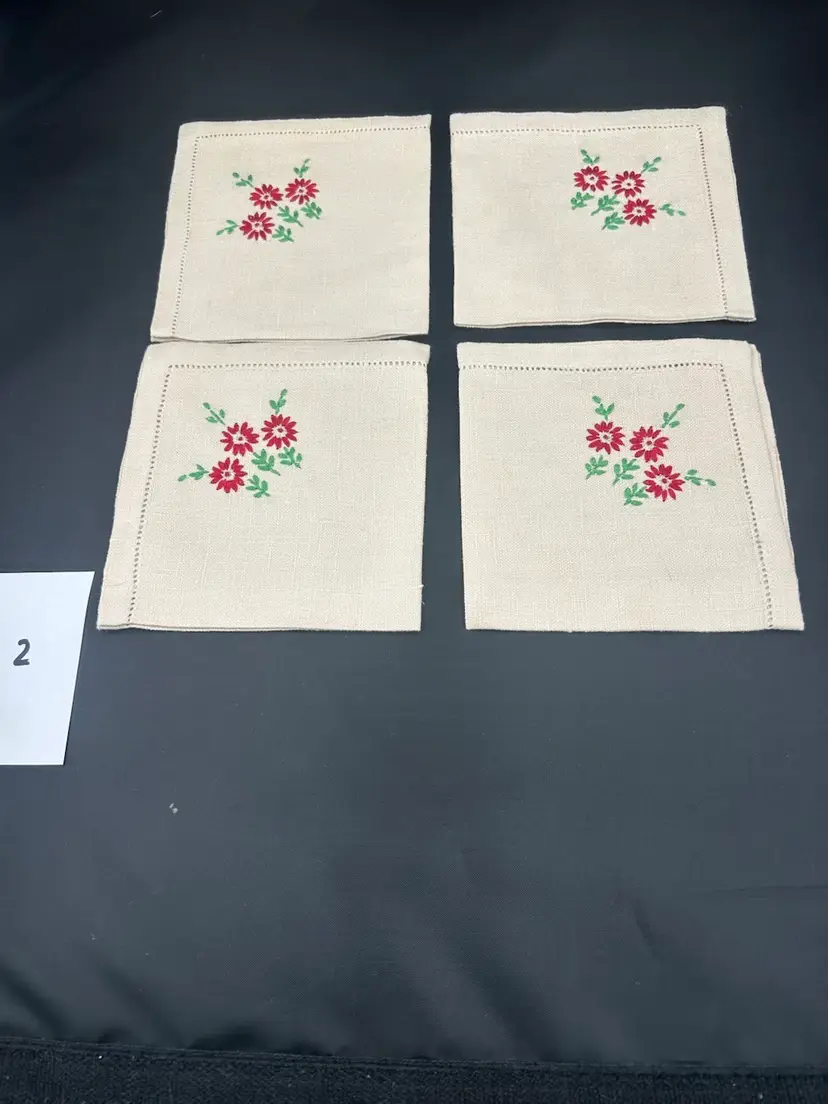 4 Vintage Hand Embroidered Red Floral Napkins