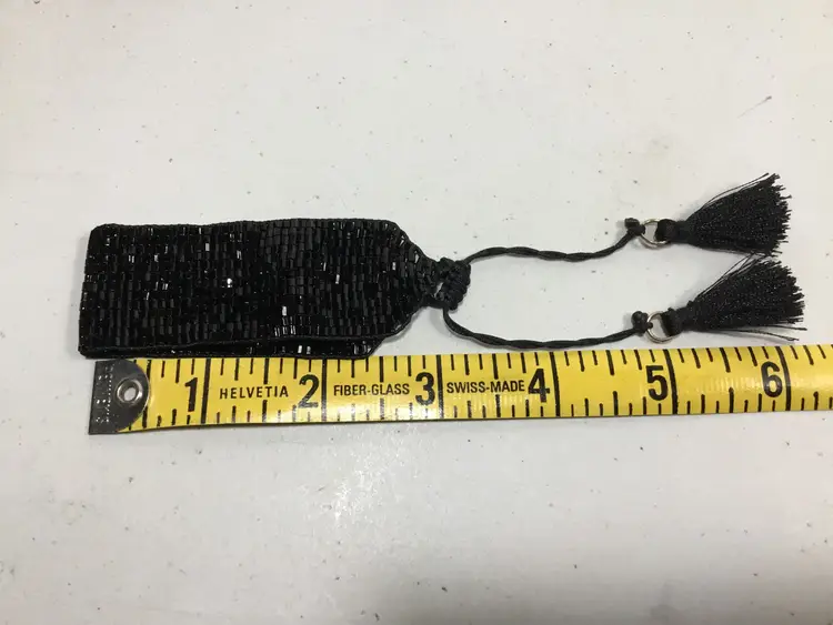 Sparkly, flat band, adjustable bracelet, black glass bugle beads, tassels