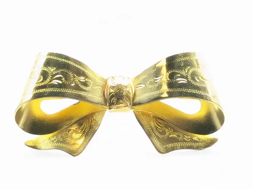 Vintage Gold Tone Bow Brooch Pin with Intricate Design Jewelry