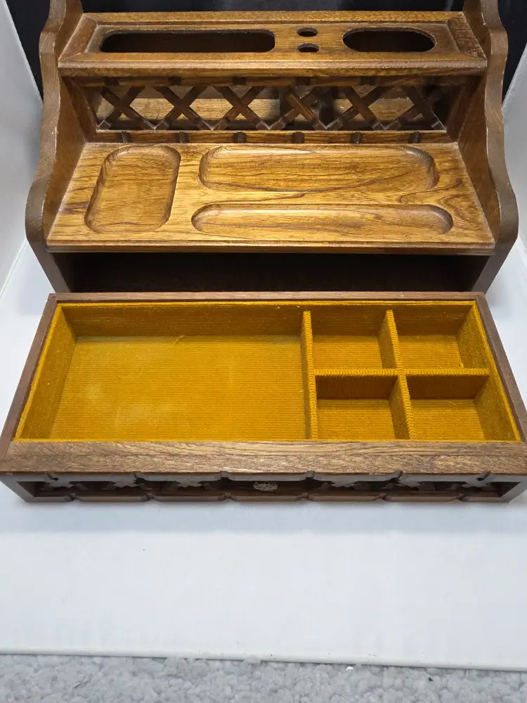 Vintage Oak Mens Dresser Valet Jewelry Box W Drawer Lattice (AB)