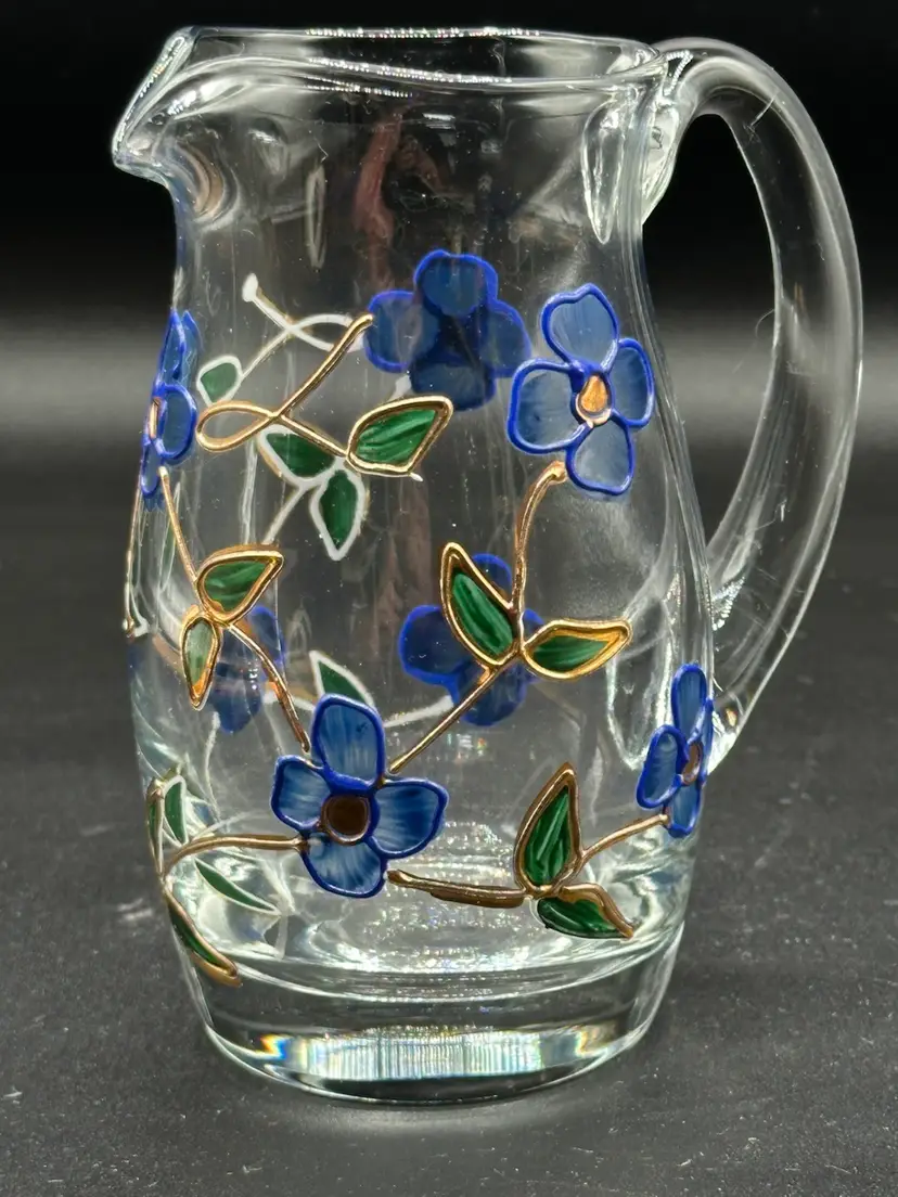 Hand Blown, Hand Painted Clear Glass Pitcher