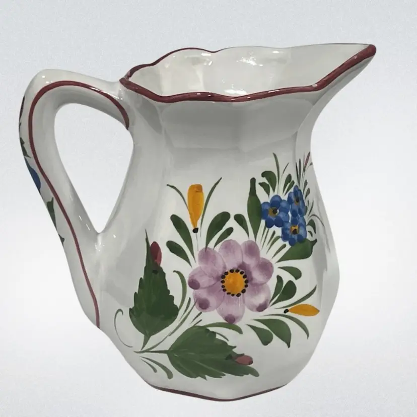 Hand-painted Pitcher- Signed/From Portugal- Floral Design - 6.75” Tall, 7” W