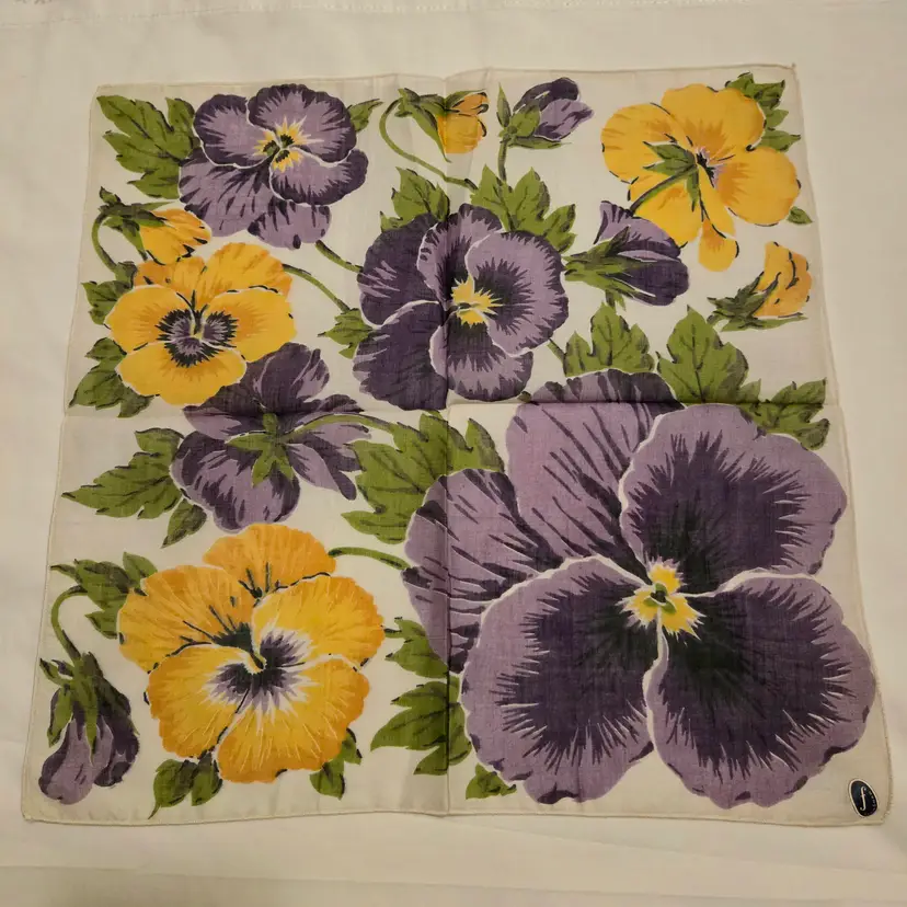 Franshaw Handkerchief Rolled Edge with Tag Purple Yellow Pansies Vintage 13½"×13½"