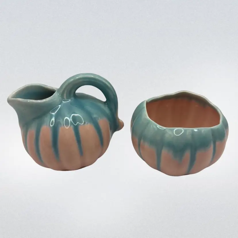 Vintage Ceramic Miniature Sugar and Creamer Set Blue Pink  Melon Shape Approx 2”