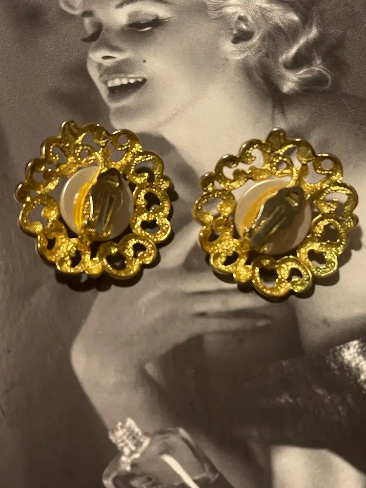 HUGE VINTAGE DESIGNER David Grau Spanish Gold Metal Etruscan Sculptural Baroque Faux White Pearls Signed Big Statement Rare Clip On Earrings