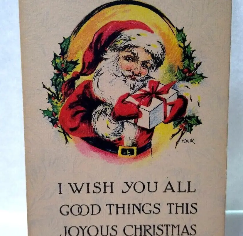 Christmas Postcard Santa Claus Holding Gift Box Signed M Dulk Vintage Original