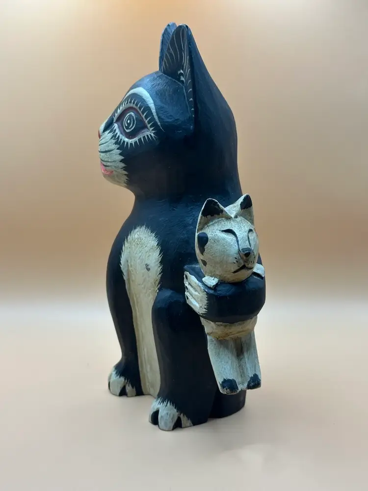 Folk Art Cat Wood Statue Figure Carved Black Holding White Spotted Kitten 8.5in