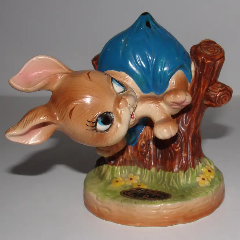 Vintage Ceramic Anthropomorphic JOSEF ORIGINALS, Bunny Rabbit Caught On Fence Figurine, JAPAN.