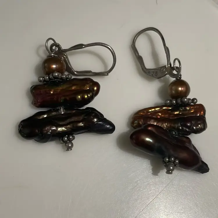 925 Silver Freshwater BIWA Peacock Pearl Cluster Dangle Earrings