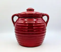 Vintage Red Beehive Stoneware Crock w Lid 7.75” USA Pottery Ribbed