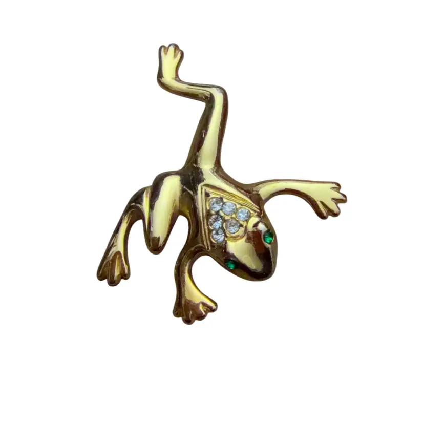 Gold Tone Green eyes bejeweled Frog Brooch