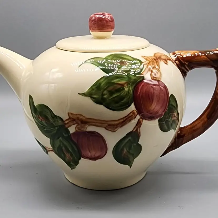 Vintage 1940s Franciscan Ware Hand Decorated Ceramic Apple Red Teapot