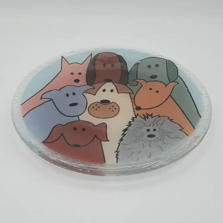 Peggy Karr Dogs Caricature Fused Glass Signed Plate
