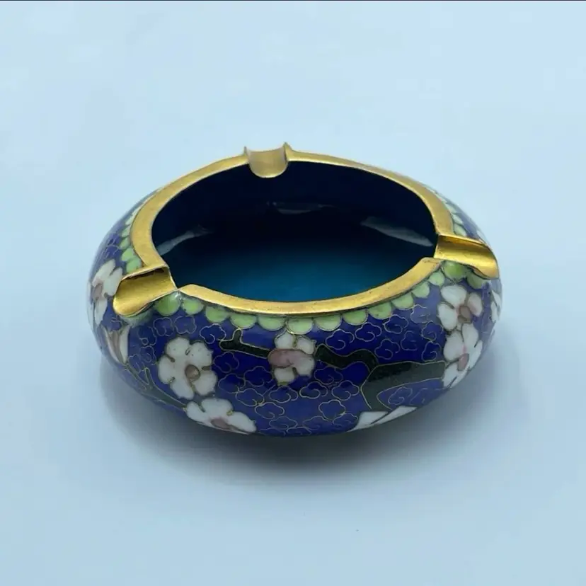Cloisonné Blue Floral Enamel Brass Ashtray Trinket Dish Home Decor