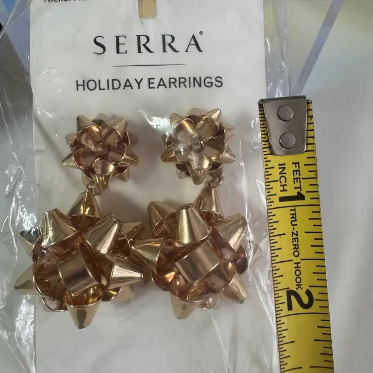 NEW! Post Back Gift Bow Pierced Earrings About 2” Gold Tone Metal