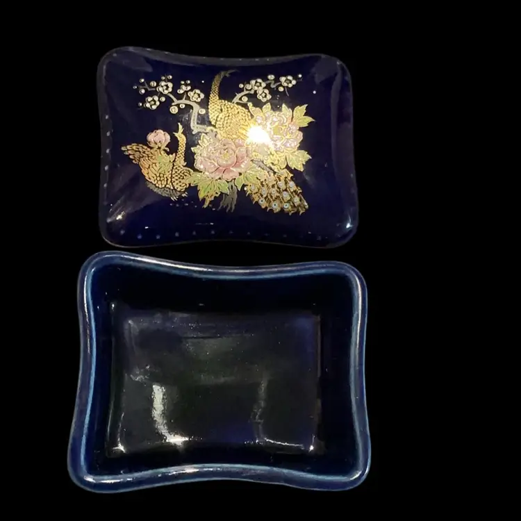 Vintage Royal Blue Asahi Japan Porcelain Trinket Box With Peacocks And Beautiful Floral Flower Design.