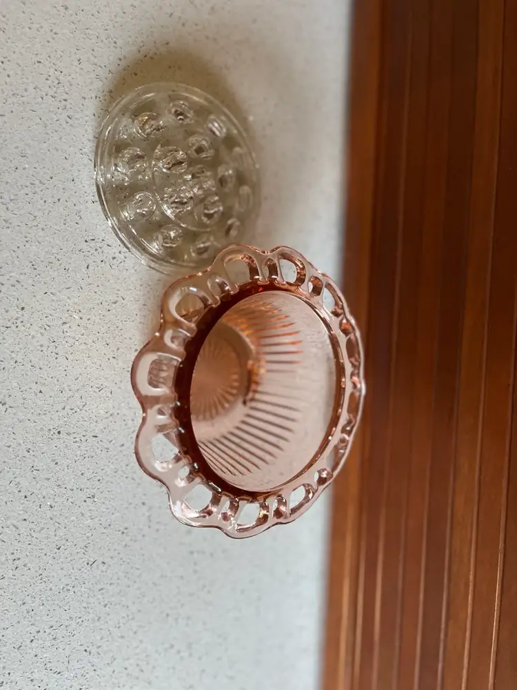 Vintage Hocking Glass "Open Lace" Pink Depression Glass Bowl W/Flower Frog