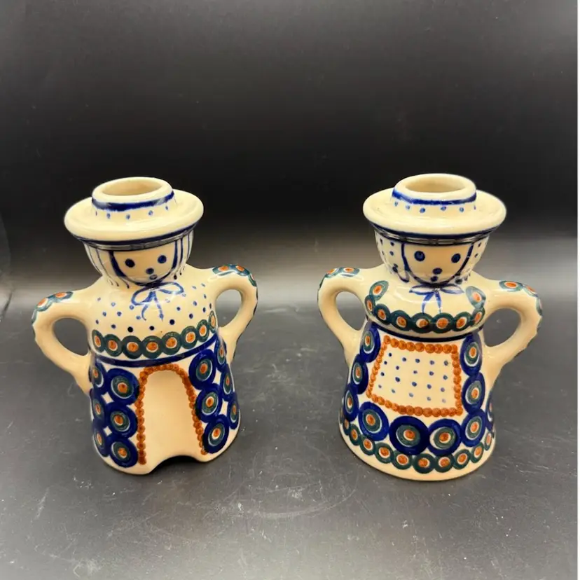 Pair of Hand-Painted Polish pottery Candle Holders In Folk Art Style