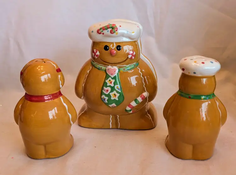 Gingerbread Salt & Pepper Shakers with Napkin Holder Ceramic Set