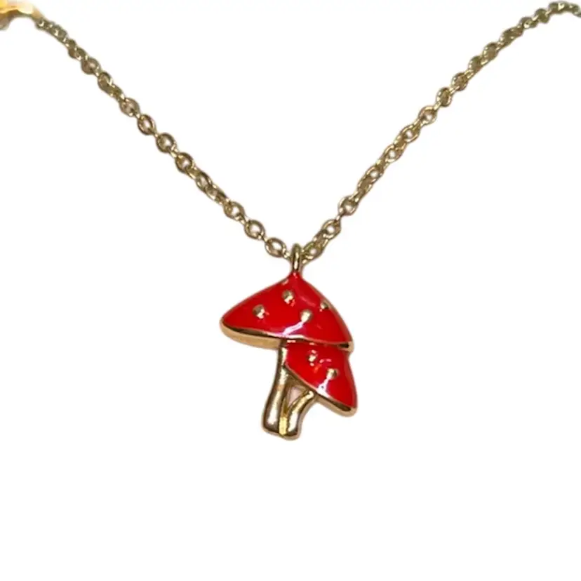 Goldtone Enamel Mushrooms Pendant Necklace 16-20” Adjustable