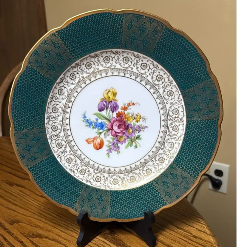 Schumann Bavaria 11” dinner Plate Floral Porcelain with Teal and Gold Trim