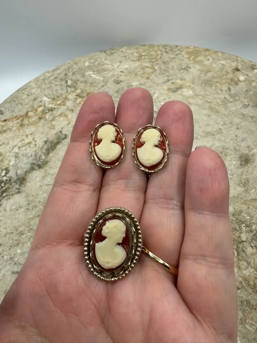 Vintage Dainty Cameo Brooch And Screw Back Earring Set